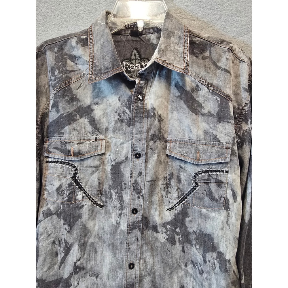 Roar Mens XL Strength Refined Acid Wash Embroidered Cross Button Down Shirt Grey